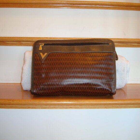 MARIO VALENTINO Rare Clutch Bag V Logo Leather Brown & Gold - Picture 1 of 16